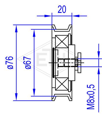 Türlaufrolle VSL ø76/67/M8x0,5 x 20 mm 1x Lager 6006 ZZ, Achse zentr. M8x0,5 IG