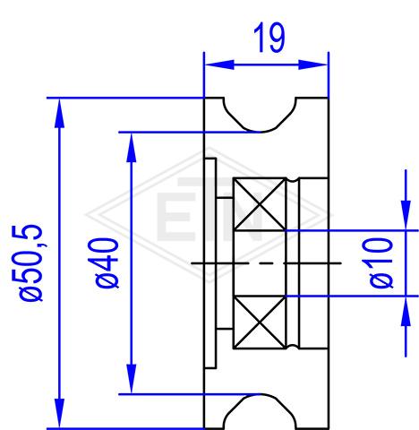 Door roller PA6 ø 50,5/40/10 x 19 mm, 1 x ball bearing 6000 ZZ C2