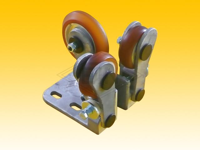 Spring-loaded roller guide RFGK 1-A, housing spec. aluminium, 2 x rollers ø 75/20 x 25 mm, one side chamfered, 1 x roller ø 100/20 x 25 mm, on both sides conical (for rail 50 x 50 x 5 mm), ball bea...