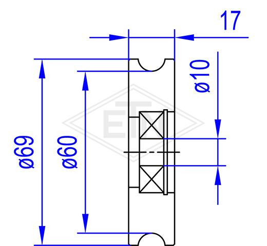 Door roller PA6G ø 69/60/10 x 17 mm, 1 x ball bearing 6200 ZZ, snap-ring