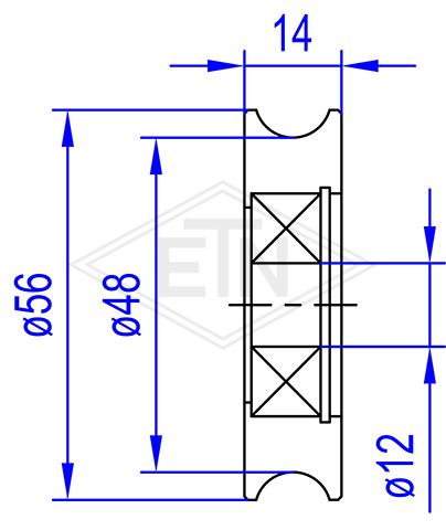 Door roller PA6 ø 56/48/12 x 14 mm, 1 x ball bearing 6201 ZZ, suitable for Mitsubishi door