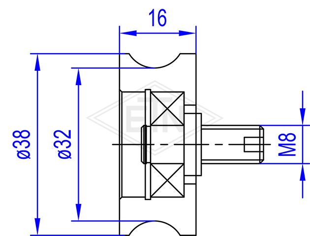 Door roller PA6 ø 38/32/M8 x 16 mm, 1 ball bearing 608 ZZ with centric axis, M8 external thread, Ripp nut M8