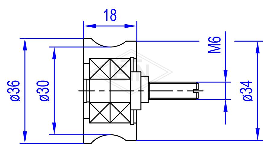 Counter roller PA6G ø 36/30/M6 x 18 mm, 1 x ball bearing 608 ZZ, axis centric M6 external thread