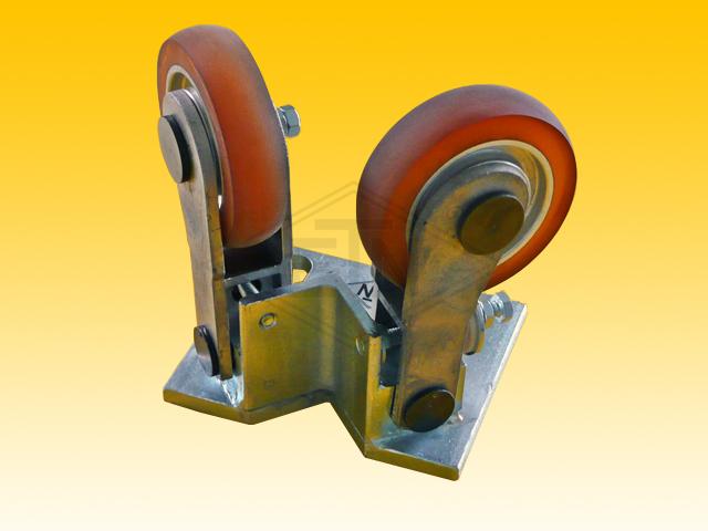 Spring-loaded roller guide RFGW 2, for angled rail, housing spec. steel, galvanized, 2 x rollers ø 100/20 x 25 mm, ball bearings SKF/FAG, rollers damped, covering 80°, spherical