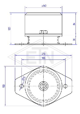 Lift buffer ø 140 x 120 mm total height, with oval base plate, consisting of a lift buffer D4, ø140 x 80 mm according to EN 81 - 20/50 (Annex 2014/33/EU) with 4 mm steel plate and buffer distance p...