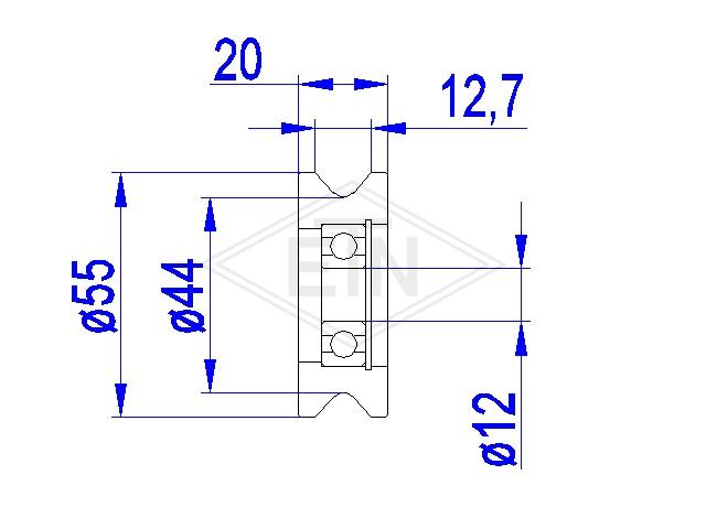 Door roller PA6G ø 55/44/12 x 20 mm, 1 x ball bearing 6201 2RS, snap-ring