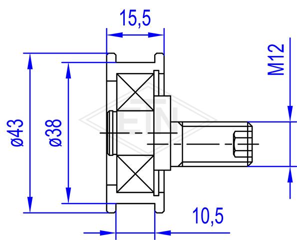 Door roller PA6G ø 43/38/12 x 15,5/10,5 mm, 1 x ball bearing 6201 ZZ, with eccentric axis M 12