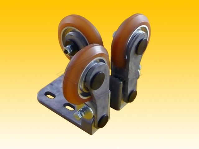 Spring-loaded roller guide RFGK 2-A, housing spec. aluminium, 3 x rollers ø 100/20 x 25 mm, chamfered on both sides, ball bearings SKF/FAG, rollers damped, coverings VU 80°, spherical