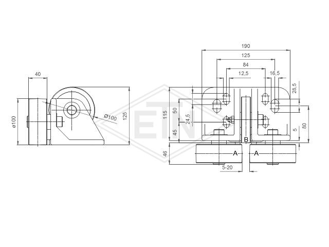 Roller guide FK 3, for cabin, housing spec. alu, 190 x 115 x 100