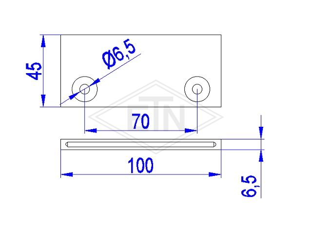 Door guide 100 x 45 x 6,5 mm, inner part steel galvanized, slider ETN-HM-1000, 2 x holes ø 6,5 mm