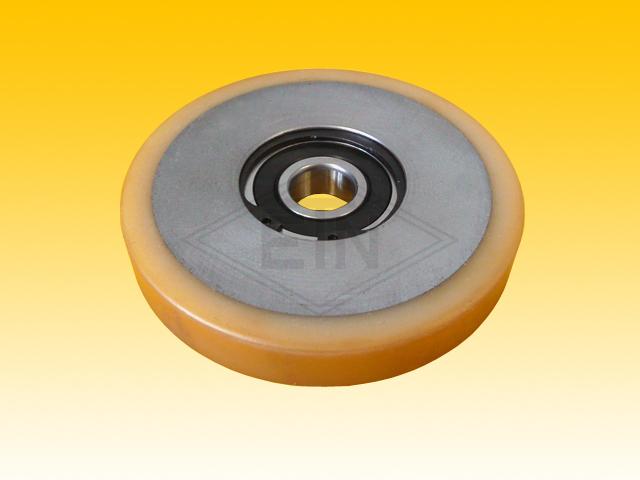 Roller VSL ø 125/25 x 20 mm VU 93° / steel core, 1 x ball bearing 6205 2RS, covering  cylindrical overwinded, 1 mm out of center, snap-ring