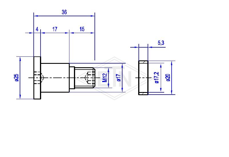 Achse für Türlaufrolle ø25/17/M12 x 36mm zentrisch, Stahl brüniert, incl. Zubehör