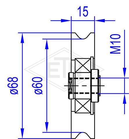 Door roller PA6 ø 68/60/M10 x 15 mm, 1 x ball bearing 6003 ZZ, axis centric M10 internal thread, suitable for Prisma-door