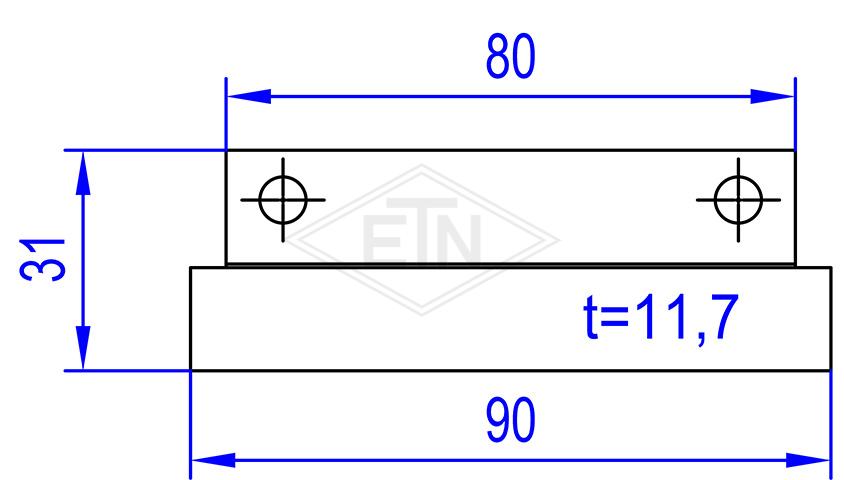 Door guide straight 90 x 11,7/12,5 x 31/14,5 mm, inner part steel galvanized, slider ETN-HM-1000, 2 x counter bores ø 6,5 mm