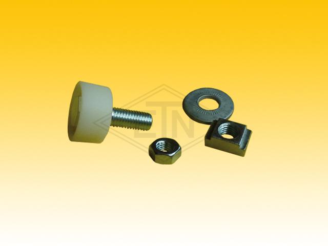 Bar roller PA6G ø 30/29/M10 x 15 mm, axle centric M10 outer thread, incl. nut, lock washer and block with M10 inner thread, roller for door locking
