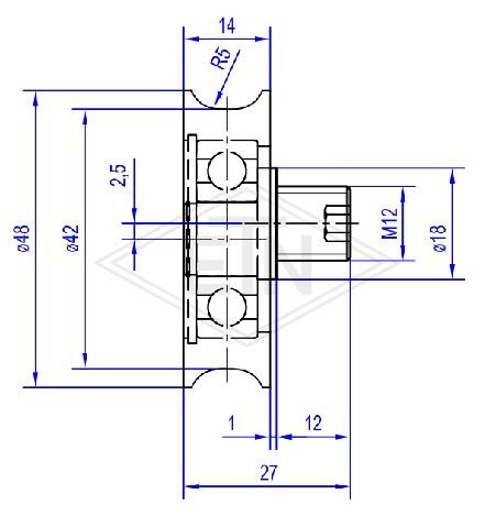 Door roller PA6 ø 48/42/M12 x 14 mm, 1 x ball bearing 6201 2RS, axis eccentric M12 external thread, thread length 12 mm