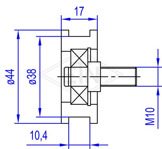 Door roller PA6G ø 44/38/M10 x 17/10,4 mm, 1 x ball bearing 629 ZZ, axis centric M10 external thread