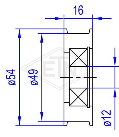 Deflection roller POM for timing belt 16 x ø 54/49/12 mm groove 13/12 mm, 1 ball bearing 6201 ZZ, snap-ring