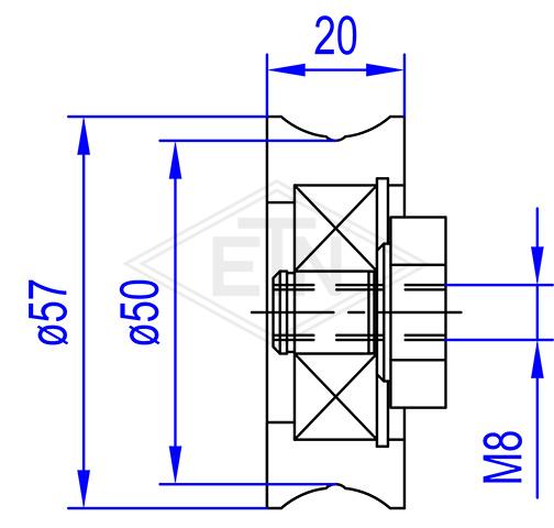 Door roller PA6G ø 57/50/M8 x 20 mm, 1 x ball bearing 6301 ZZ, axle centric M8 internal thread, yellow chromate, distance axle - roller: 6,0 mm