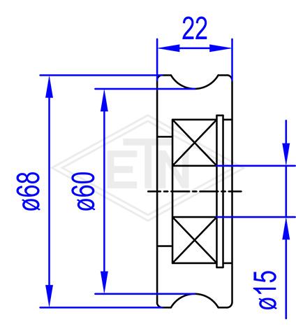 Door roller PA6.6 ø 68/60/15 x 22 mm, 1 x ball bearing 6302 ZZ, snap-ring