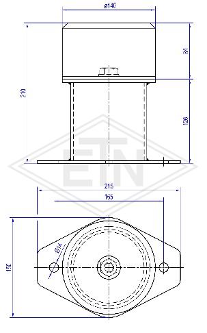Lift buffer ø 140 x 210 mm total height, with oval base plate, consisting of a lift buffer D4, ø140 x 80 mm according to EN 81 - 20/50 (Annex 2014/33/EU) with 4 mm steel plate and buffer distance p...