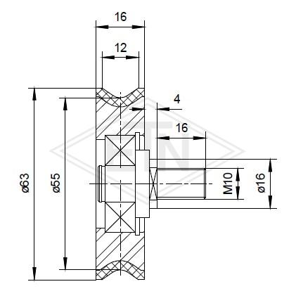 Door roller VSL ø 63/55/12 x 16 mm VU 96°/ steel-core, 1 x ball bearing 6201 ZZ, centric axis with external thread M10