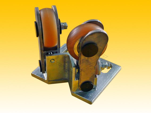 Spring-loaded roller guide RFGW 1, for angled rail, housing spec. steel, galvanized, 2 x rollers ø 75/20 x 25 mm, ball bearings SKF/FAG, rollers damped, covering 80°, spherical