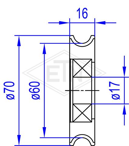 Door roller VSL ø 70/60/17 x 16 mm,  Vulkollan ® 96° Shore A, 1 x ball bearing 6203 ZZ, pressed