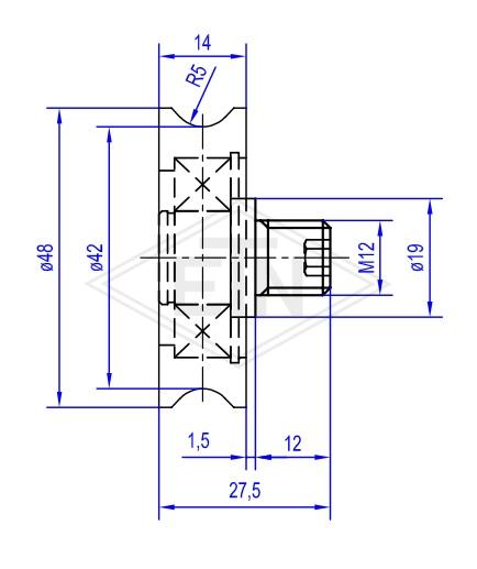 Door roller PA6 ø 48/42/M12 x 14 mm, 1 x ball bearing 6002 2RS, axis centric M12 external thread, thread length 12 mm